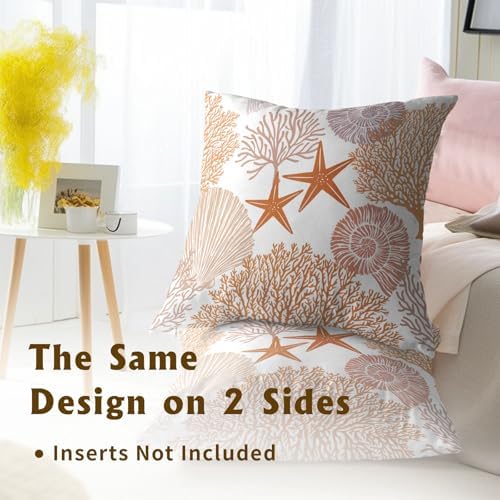 Summer Ocean Themed Nautical Coastal Throw Pillow Covers 16X16 Inches Set of 2 Orange Seashell Starfish Coral Pillowcase Soft Cotton Square Cushion Covers for Home Sofa Patio Bedroom Decoration - Image 5