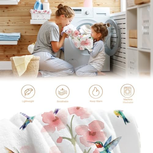 Hummingbird Floral Throw Blanket for Couch Sofa Bed,Pink Flower and Colorful Birds Blanket for Girls Women,Bedroom Decor Present for Birthday Valentines Day 50"x60" - Image 6