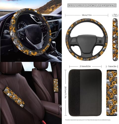 Gothic Skulls Sunflower Print 15Pcs Car Seat Cover Full Set Car Steering Wheel Cover Seat Belt Cover Trash Bin Air Vent Storage Box Front Rear View Mirror Car Cup Holder Keychain