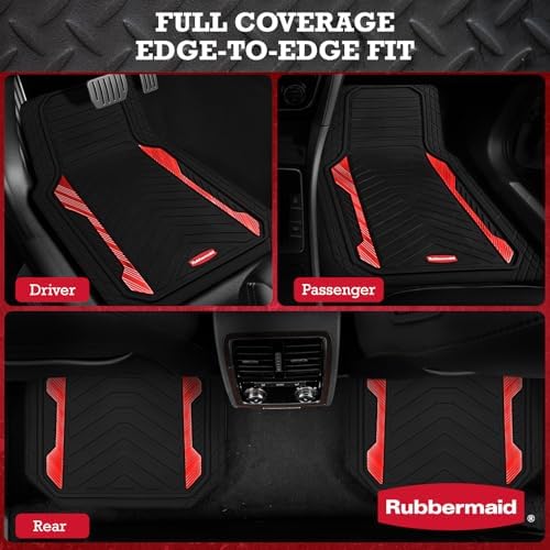 Rubbermaid Car Floor Mat, Heavy Duty All-Weather Car Mats Full Set with Dual-Tone Red Aluminum Inserts – Universal Fit, Anti-Slip Backing, Trim-to-Fit for Most SUV, Sedan, Van