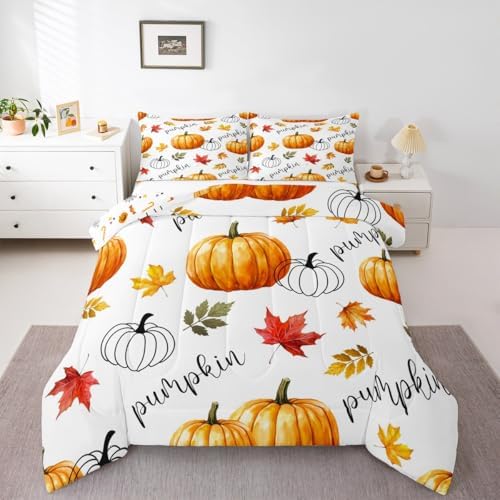 Erosebridal Happy Thanksgiving Kids Comforter Set | Pumpkin Fall Bedding Twin Size Harvest Autumn Down Comforter Farmhouse Maple Leaves Duvet Set for Bedroom by Erosebridal