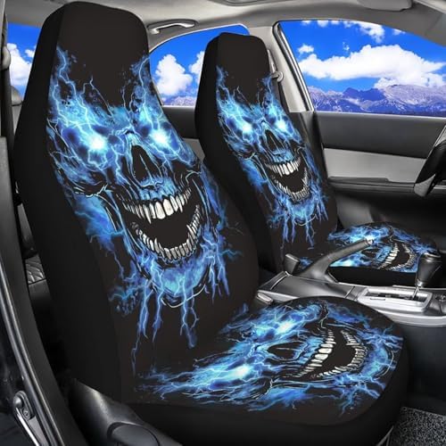 Blue Flame Skull Car Front Seat Covers Soft Car Seat Cover Easy Installation Breathable Front Seat Cover Protection Interior Accessories Universal for Auto Truck Van SUV 2 Pcs