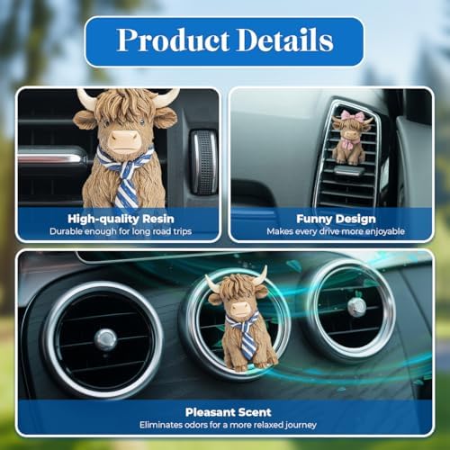 GENANY 3D Resin 2 Pcs Highland Cow Car Air Freshener Clip, Hand Painted Cow