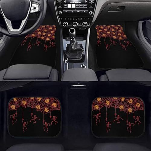 Red Spider Web Skeleton Black Print Funny Halloween Car Floor Mats 4 PCS, Cute Durable Interior Accessories for Car SUV, All Weather Floor Mats with Front Rear Trunk Liners Set for Party