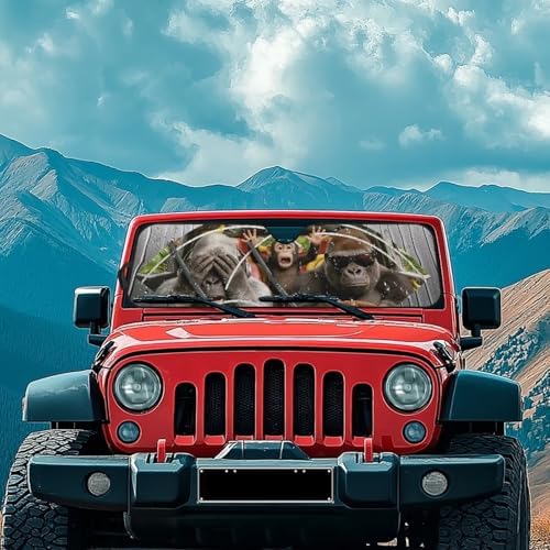 Renewold Auto Front Windshield Sun Shade for Jeep Wrangler JL 2/4 Door Jeep Gladiator JT 2020-2023 Foldable Car Window Sunshade Cover Block UV Rays Heat Sun Visor Funny Gorilla Driving Car Accessories
