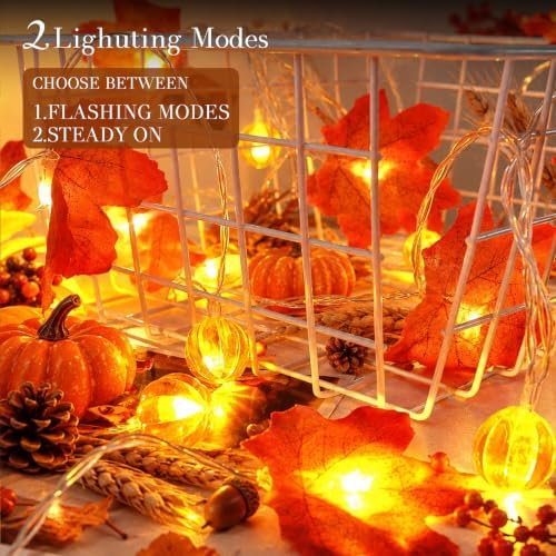 YEGUO 2Pack Fall Garland Lights, 20ft 40LED Maple Leaves with Pumpkin - Image 3