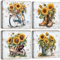 Rustic Sunflower Wall Art Farmhouse Bicycle Boots Truck Sunflower Picture Cowboy Wall Decor Vintage Country Wildflower Canvas Painting Modern Artwork Bedroom Living Room Kitchen Decoration 12x12" 4Pcs by sunfrower