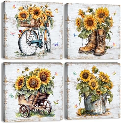 Rustic Sunflower Wall Art Farmhouse Bicycle Boots Truck Sunflower Picture Cowboy Wall Decor Vintage Country Wildflower Canvas Painting Modern Artwork Bedroom Living Room Kitchen Decoration 12x12" 4Pcs by sunfrower