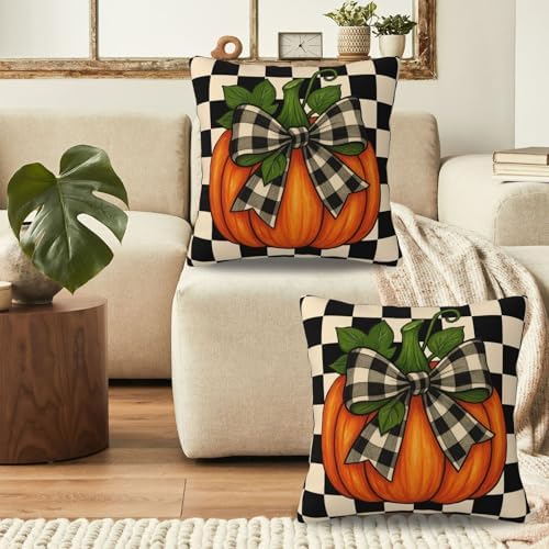 KiuLoam Fall Pillow Covers 22x22 Inch Set of 2 Thanksgiving Harvest Orange Pumpkin Black Buffalo Plaid Print Decorative Throw Pillow Cases Vintage Rustic Farmhouse Style Cushion Covers for Sofa Couch - Image 4