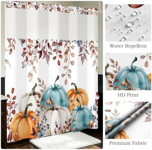 No Hook Shower Curtain with Snap in Liner, Hotel Style Watercolor Fall Autumn Leaves Colorful Pumpkins Thanksgiving Shower Curtain Waterpoof Washable with See Through Top Window,71"x71" - Image 6