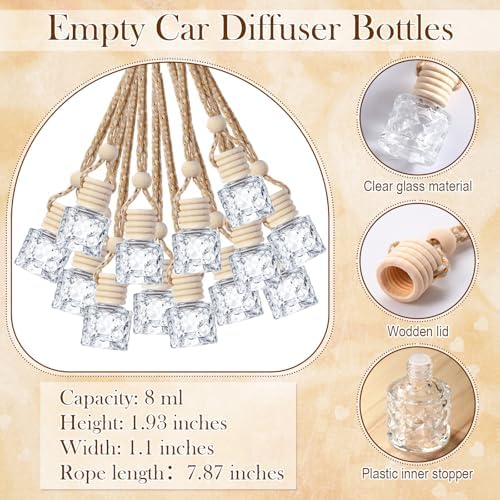 Boao 50 Sets Hanging Car Air Freshener Diffuser Bottles with 2 x 3.54 Inch Car Diffuser Instructions Cards for Empty Essential Oil Bottles (White Card,Round Diamond)