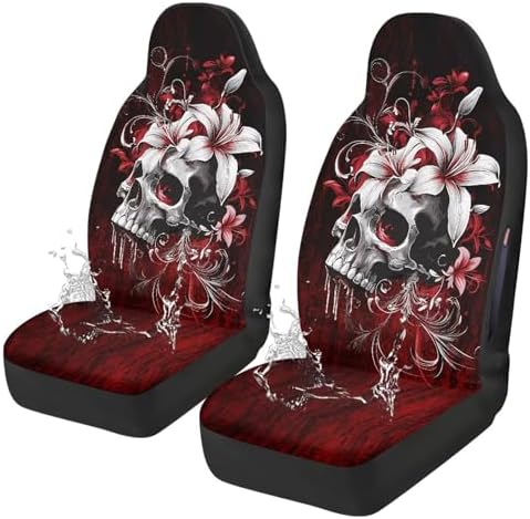 Bulopur Gothic Skull Front Auto Seat Covers for Women Girly Waterproof Car Seat Covers Air Bag Compatible Vehicle Bucket Protectors for SUV Truck Van Sedans