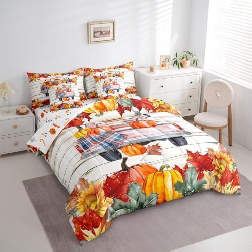 Farm Truck Car Twin Bed in a Bag Thanksgiving Pumpkin Fall Leaves Comforter Set with Sheets 7-Pieces All Season Autumn Harvest Farmhouse Bedding Sets with Flat Sheet,Fitted Sheet and Pillowcase - Image 2