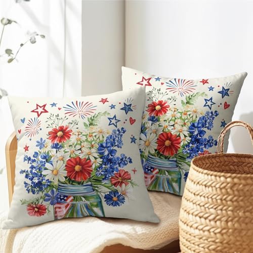 4th of July Pillow Covers 22x22 Set of 2, Patriotic Throw Pillow Covers Independence Memorial Day Pillowcase, Summer Floral Decorative Fourth of July Cushion Case Couch for Indoor Outdoor Home Decor - Image 7