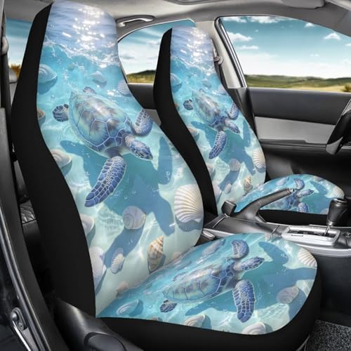 Sea Turtle 2 Pcs Car Seat Covers Full Set, Ocean Shell Front Split Bench Seats Cover for Cars, Blue Ocean Tortoise Universal Seat Cover for Sedan SUV Truck Auto
