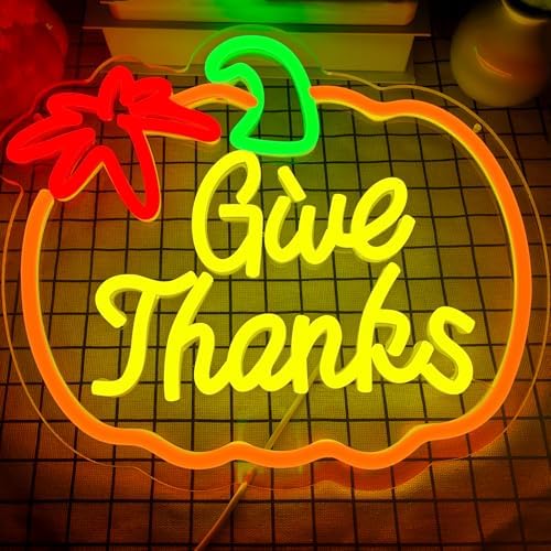 Thanksgiving Neon Sign Pumpkin Neon Signs Dimmable Fall Neon Sign for Wall USB Power Give Thanks Sign for Home Bar Salon Window Porch Front Door Thanksgiving Decorations - Image 2
