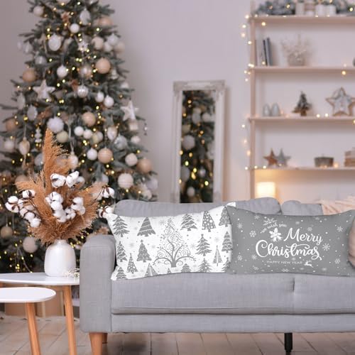 Lanpn White and Grey Christmas Lumbar Throw Pillow Covers 12x20 Set of 4, Decorative Long Gray Winter Snowflake Xmas Cushion Covers Pillow Cases for Home Bedroom Room Holiday Couch Decor Decorations - Image 2