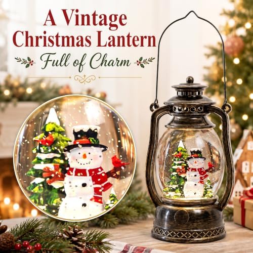 Christmas Snow Globe Lantern with LED Lighted Water Glitter, Hanging Kerosene Style Snowman Scene, Vintage Bronze Tabletop Holiday Decoration Gifts - Image 2