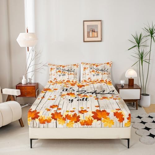 Fall Maple Leaves Sheet Set Twin Autumn Nature Botanical Bed Sheets Rustic Farmhouse Fall Bedding Set For Kids Adults Soft Breathable Fitted Sheet Orange Gold Beige Flat Sheet 1 Pillow Case - Image 4