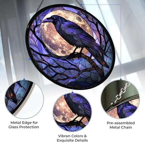 Crow Halloween Raven Stained Glass Window Hangings, Cat Butterfly Sunflower Handcrafted Stained Glass Suncatchers, Gift for Cat Lovers Nature Lovers (12”x12”) - Image 2
