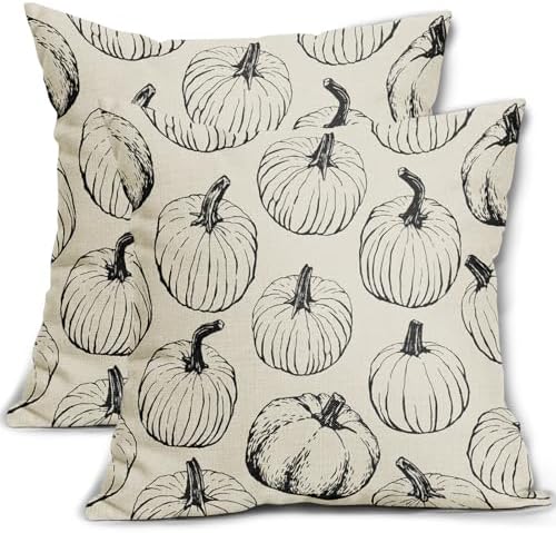 Fall Pillow Covers 16x16 Set of 2 Balck Pumpkin Autumn Themed Thanksgiving Harvest Print Decorative Throw Pillows Outdoor Pillowcase Farmhouse Linen Cushion Case Decor for Sofa Couch Bed by Aytipun