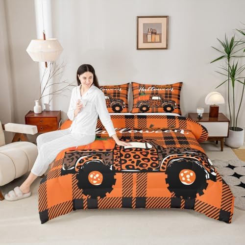 Homewish Halloween Pumpkin Camper Comforter Set Queen Size,Orange Leopard Print Car Bedding for Kids Teens Adults Room Decor,Geometric Plaid Quilt Happy Insert 3pcs,2 Pillowcases by Homewish