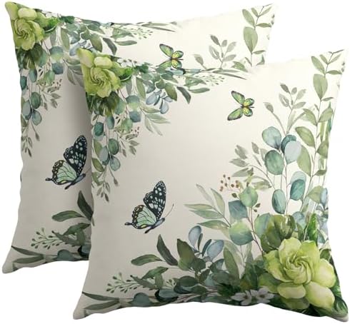 Spring Pillow Covers 20x20 Set of 2 Green Floral Throw Pillow Covers Rustic Pillowcase Linen Decoration Farmhouse Soft Decorative Summer Cushion Case Couch for Indoor Outdoor Home Decor by Unknown