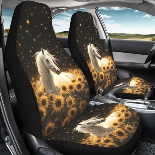Horse & Sunflower Print Car Seat Covers 4Pcs Front & Rear Breathable Seat Covers Universal Fits for Truck, Sedan, SUV Auto Interior Protector Car Accessories