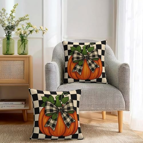 KiuLoam Fall Pillow Covers 18x18 Inch Set of 2 Thanksgiving Harvest Orange Pumpkin Black Buffalo Plaid Print Decorative Throw Pillow Cases Vintage Rustic Farmhouse Style Cushion Covers for Sofa Couch - Image 3
