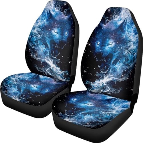 Blue Ghost Wolf Print Car Seat Covers Set of 2 Elastic Fabric Front Bucket Seat Covers Halloween Stretch Seats Protector Universal Fit Car Interior Decor