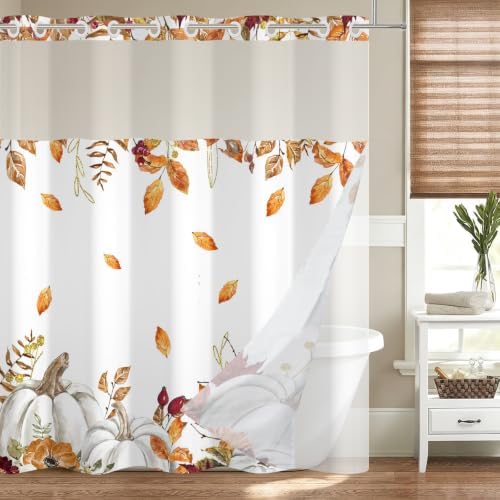 No Hook Shower Curtain with Snap in Liner, Hotel Style Watercolor Fall Autumn Pumpkins with Gold Branches Thanksgiving Shower Curtain Waterpoof Washable with See Through Top Window,71"x71" by Caheansi