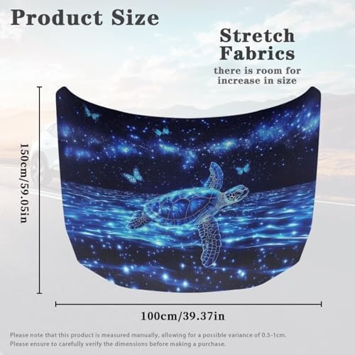 Blue Sea Turtle Butterfly Car Hood Cover Slip-On Washable Elastic Weatherproof Fabric Elastic Band Fixation Fits Most Cars