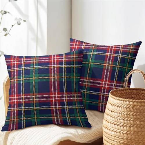 Christmas Tartan Pillow Covers 24x24 Set of 2 Navy Blue Green Red Plaid Print Decorative Outdoor Xmas Throw Pillow Cases Rustic Winter Holiday Decoration Farmhouse Sofa Couch Cushion Cover Bed Decor - Image 2