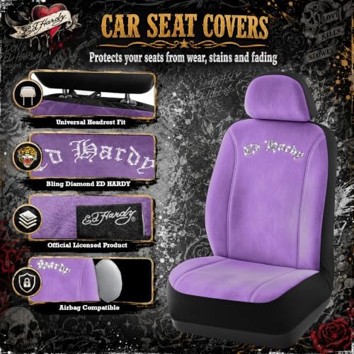 ED HARDY Car Seat Covers, Purple Soft Short Plush & Silver Diamond Graphic