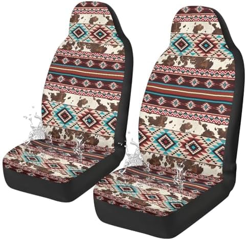 Aztec Cow Print Car Seat Covers Full Set of 2 Waterproof Breathable Car Seat Cover for Front Seats Elastic Fabrics Easy to Install Universal for Auto Truck Van SUV