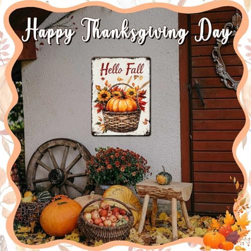 Thanksgiving Day Pumpkin Retro Tin Sign Hello Fall Metal Wall Decor for Living Room Bedroom Kitchen Office Front Porch 12x16Inch - Image 6