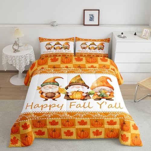 Erosebridal Cute Gnome Comforter Set Full Size Pumpkin Bedding Set Maple Leaves Sunflower Fruits Autumn Harvest Down Comforter for Kids Girls Boys Duvet Insert Thanksgiving Orange Room Decor 3Pcs - Image 2