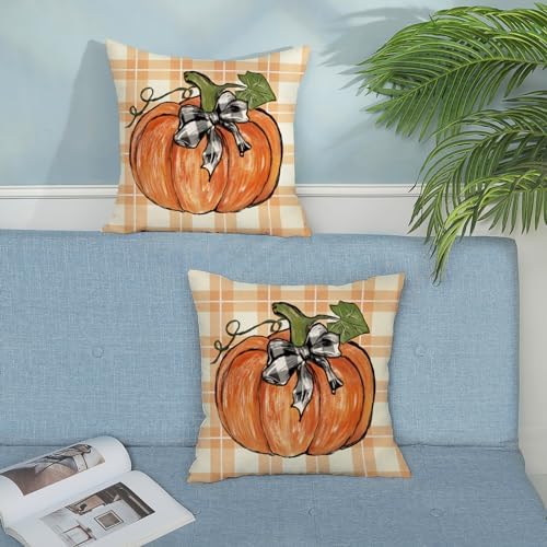Fall Pillow Covers 20x20 Set of 2 Orange Pumpkin Leaf Buffalo Plaid Fall Decor Pillowcase Autumn Thanksgiving Decorative Outdoor Throw Pillow Covers Linen Farmhouse Cushion Case for Sofa Home - Image 3