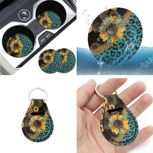 Leopard Sunflower Car Seat Covers for Women Men,Neoprene Car Steering Wheel Cover Seatbelt Pads Armrest Pads Keychain Leopard Car Interior Sets Leopard Car Coasters Decor Accessory