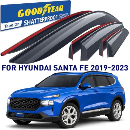 Goodyear Shatterproof Window Deflectors for Hyundai Santa Fe 2019-2023, Tape-on Rain Guards, Window Visors, Vent Deflector Visor, Car Accessories, 6 pcs. - GY008792