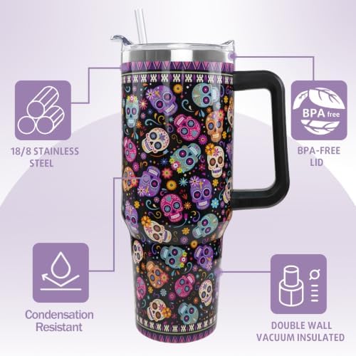 Halloween Day of the Dead Tumbler with Handle 40oz Sugar skull Coffee Travel Mug Stainless Steel Insulated Cups Halloween Dia De Los Muertos Altar Decor Gifts - Image 6