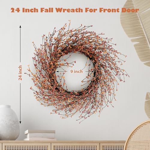 24 Inch Fall Wreath for Front Door Full Artificial Grapevine Wreath - Image 2