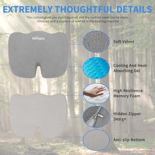 Nilight Car Seat Cushion 1PC Grey Universal Gel Memory Foam Seat Pad