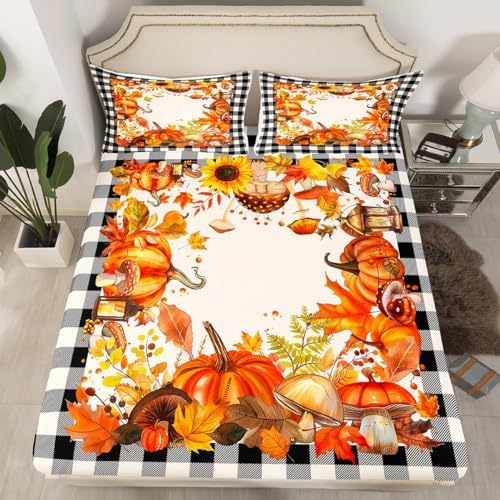 Thanksgiving Bed Sheets Fall Pumpkin Mushrooms Bedding Sheets Full Brown Buffalo Plaid Sheet Set,Autumn Harvest Season Fitted Sheet + Flat Sheet + 2 Pillow Cases,Fall Decorations For Home Bedroom - Image 2