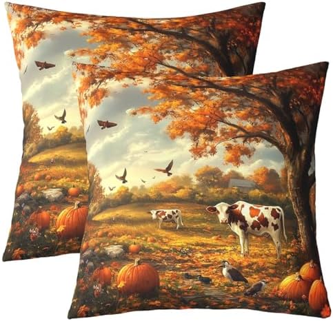 Rustic Cow Double Sides Print Pillow Covers,Farmhouse Cattle Animal Fall Cabin Throw Pillow Case Covers,Autumn Pumpkin Maple Trees Leaves Natural Scenery 2 Pack Cushion Covers,16"x16" by Manfei