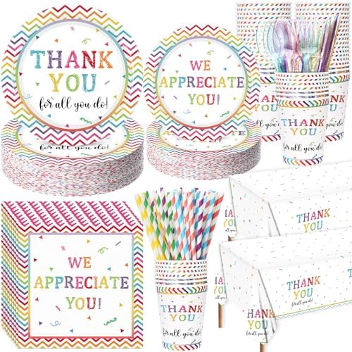 Funnymoom 452 Pcs Thank You Party Decorations for 50, We Appreciate You Paper Plates Napkins Cups Tablecloth Cutlery Straws for Employee Staff Housekeeping Week Pastor Appreciation Party Supplies by Funnymoom