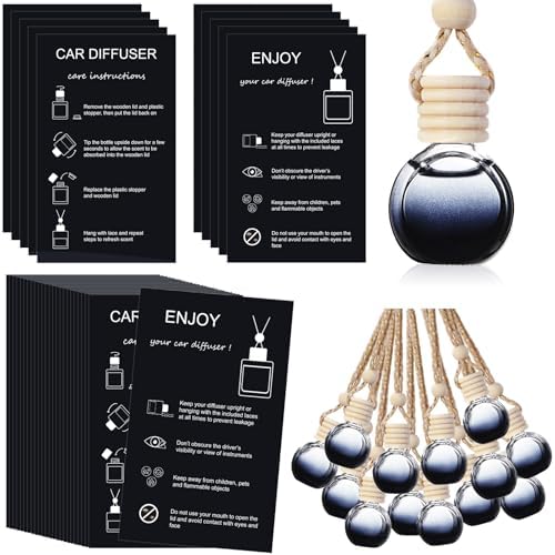 Boao 50 Sets Hanging Car Air Freshener Diffuser Bottles with 2 x 3.54 Inch Car Diffuser Instructions Cards for Empty Essential Oil Bottles(Black Card,Black Round)