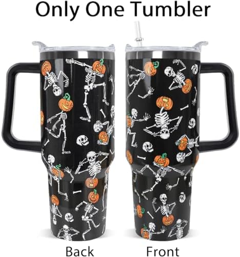 Halloween Tumbler 40oz Skull Tumbler Ghost Spooky Leak Proof Cups with Handle and Straw Insulated Water Bottle Skeleton Coffee Travel Mugs for Halloween Decor Gifts for Women Men (1PCS) - Image 3