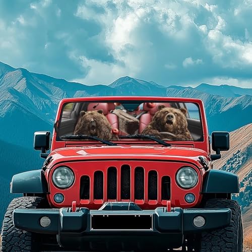 Renewold Car Windshield Sunshade Vehicles Front Window Sun Blocker Visor Suitable for Jeep Wrangler JK JKU JL JLU 1997-2023 Jeep Gladiator JT Sun Shade Foldable Cover Shield Funny Brown Bear Driving