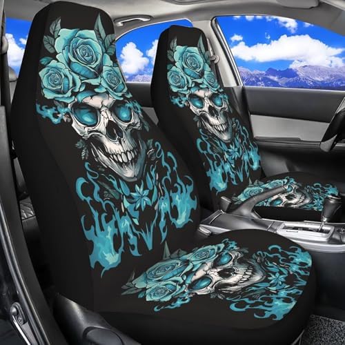 Halloween Skull Rose Car Front Seat Covers Breathable Car Seat Cover Stretch Polyester Fabric Cover Non Slip Fashion Auto Interior Universal for Cars Truck SUV Van